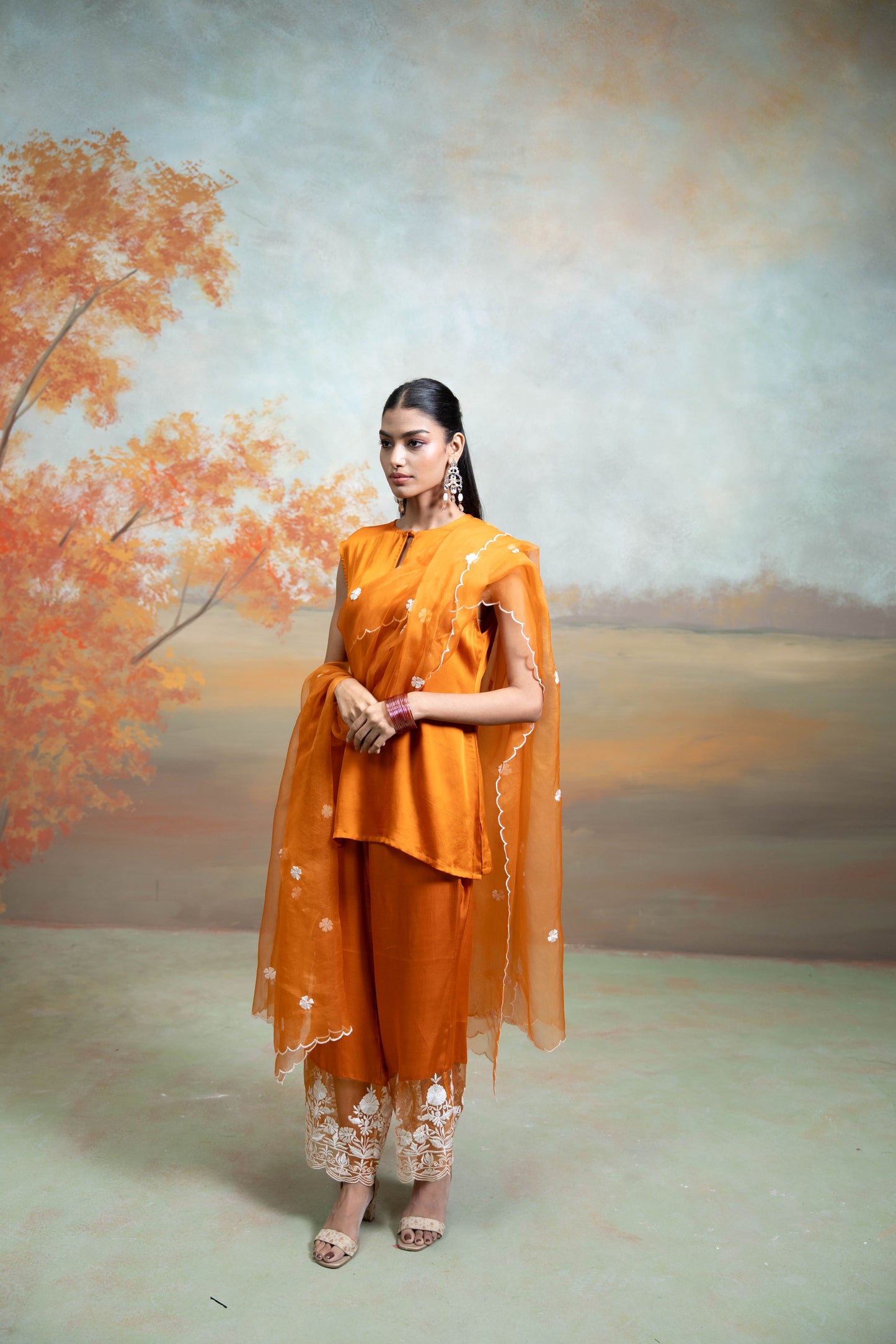 Orange  Organza Detailing  Cotton Silk & Organza  Kurta Set  3 Pcs