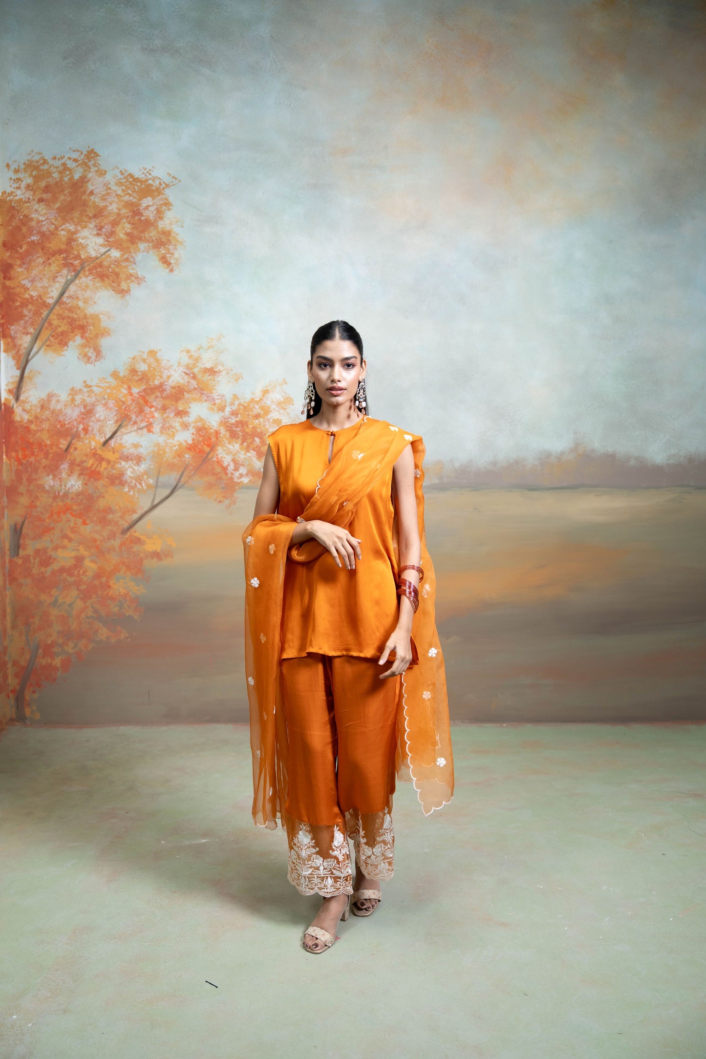 Orange  Organza Detailing  Cotton Silk & Organza  Kurta Set  3 Pcs