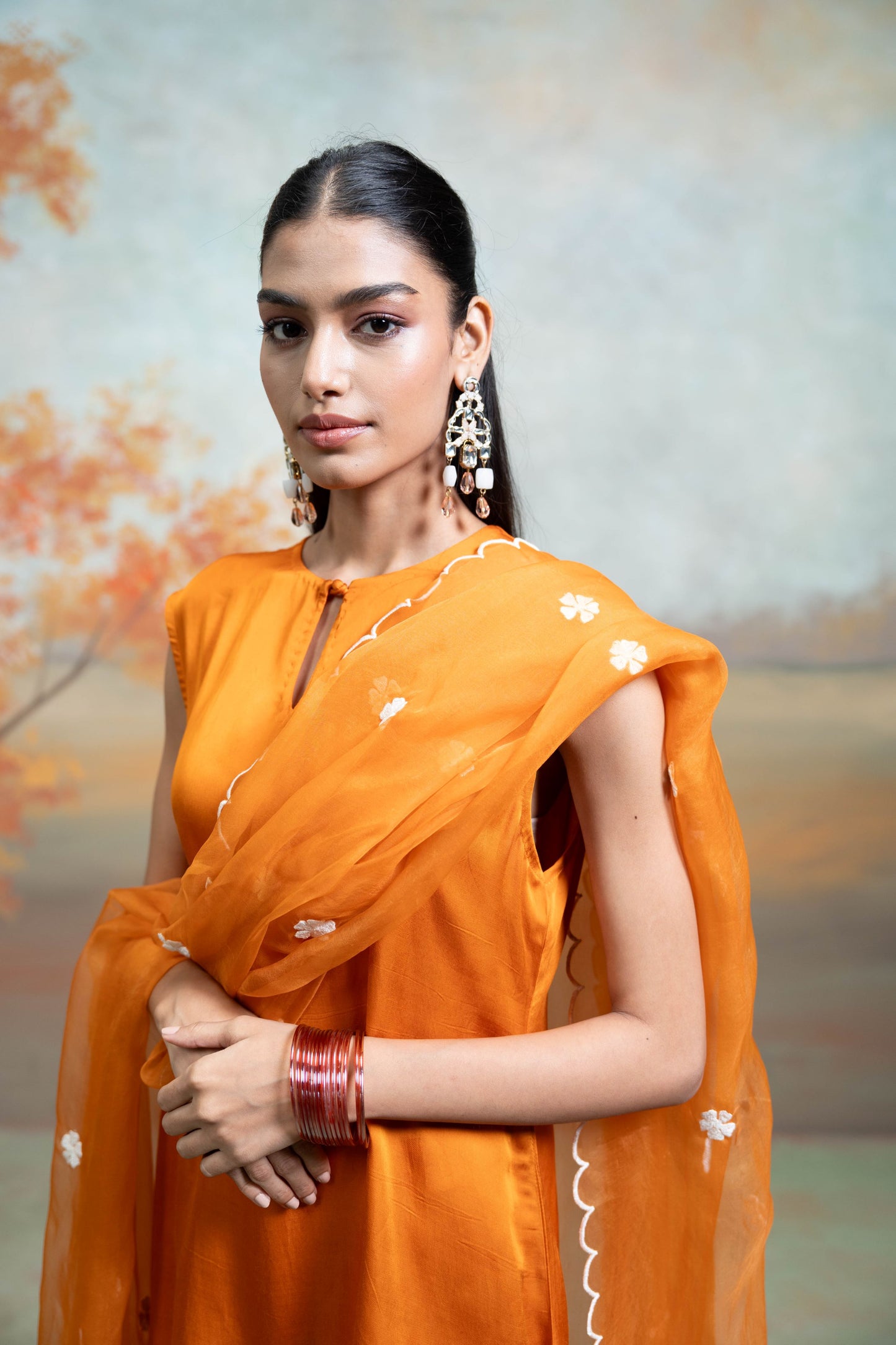 Orange  Organza Detailing  Cotton Silk & Organza  Kurta Set  3 Pcs