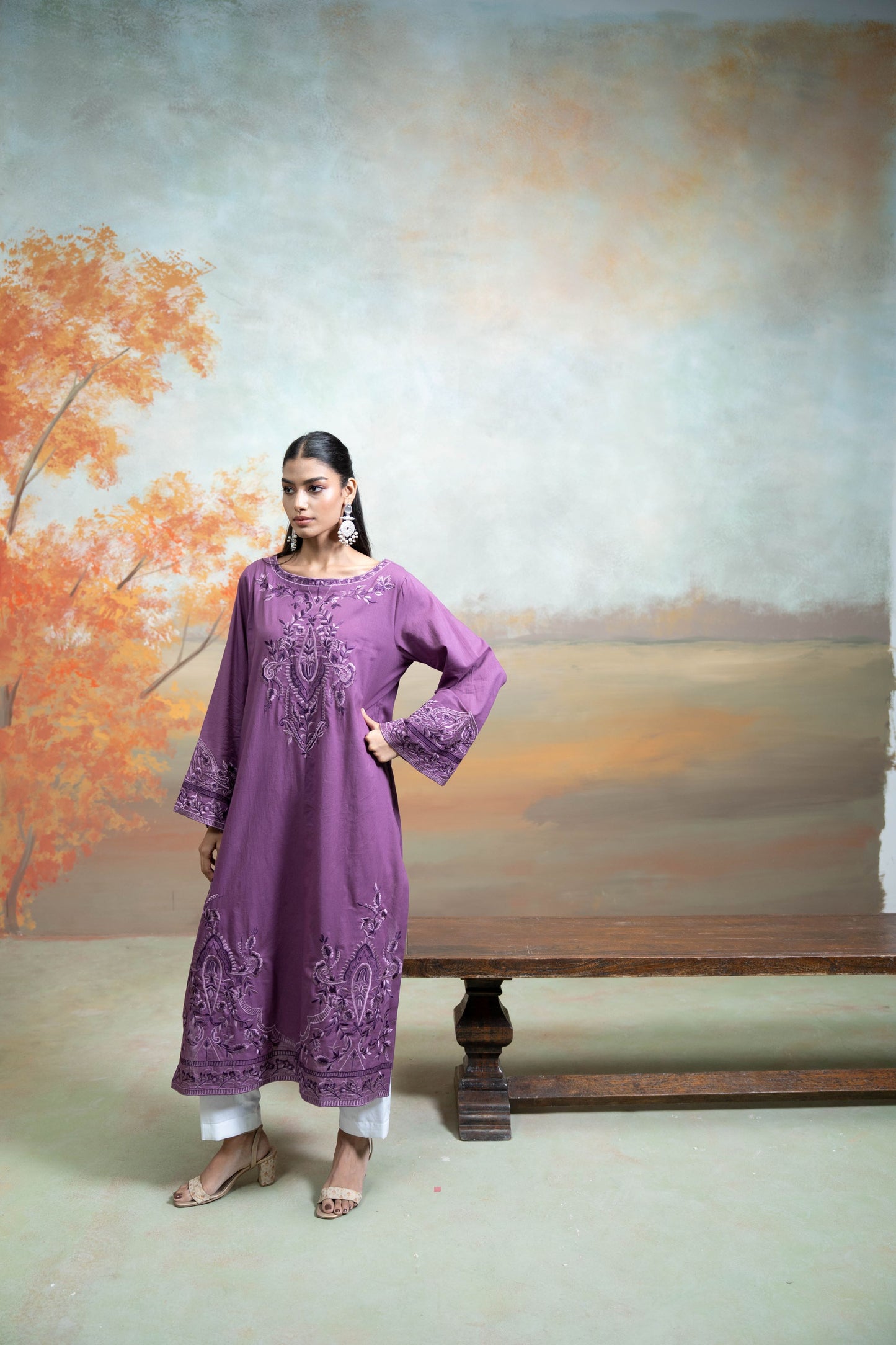 Purple Embroidery Cotton Silk Kurta  2Pc