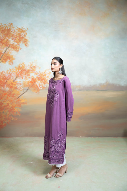 Purple Embroidery Cotton Silk Kurta  2Pc