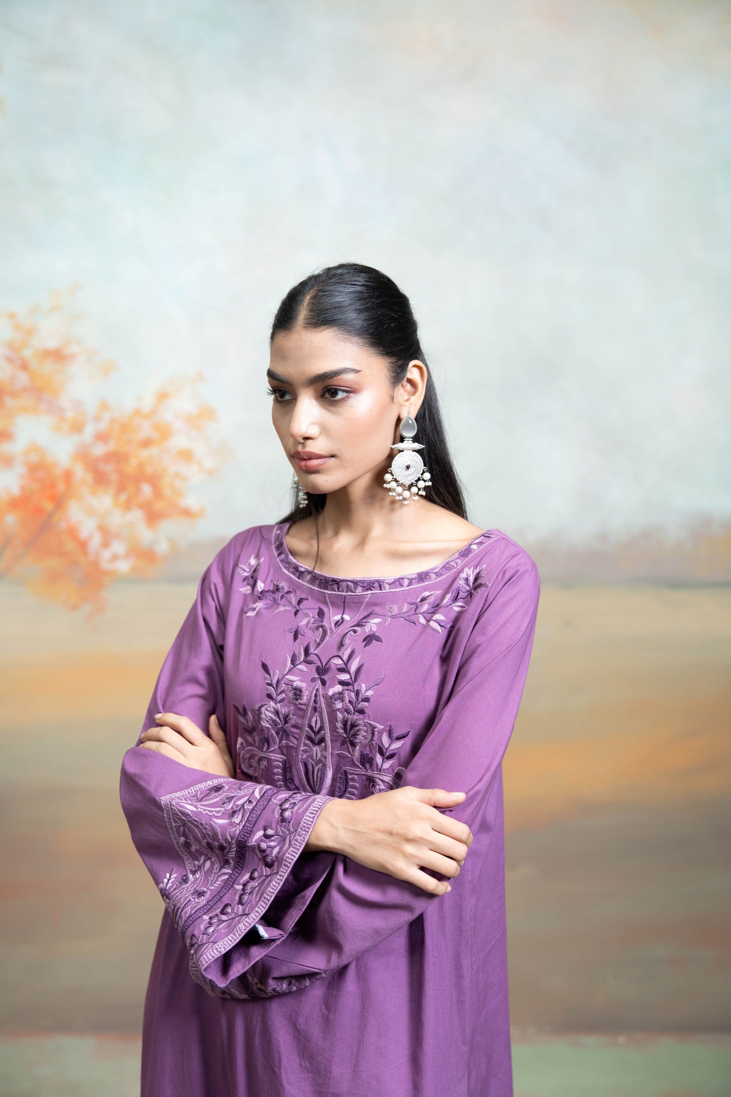 Purple Embroidery Cotton Silk Kurta  2Pc