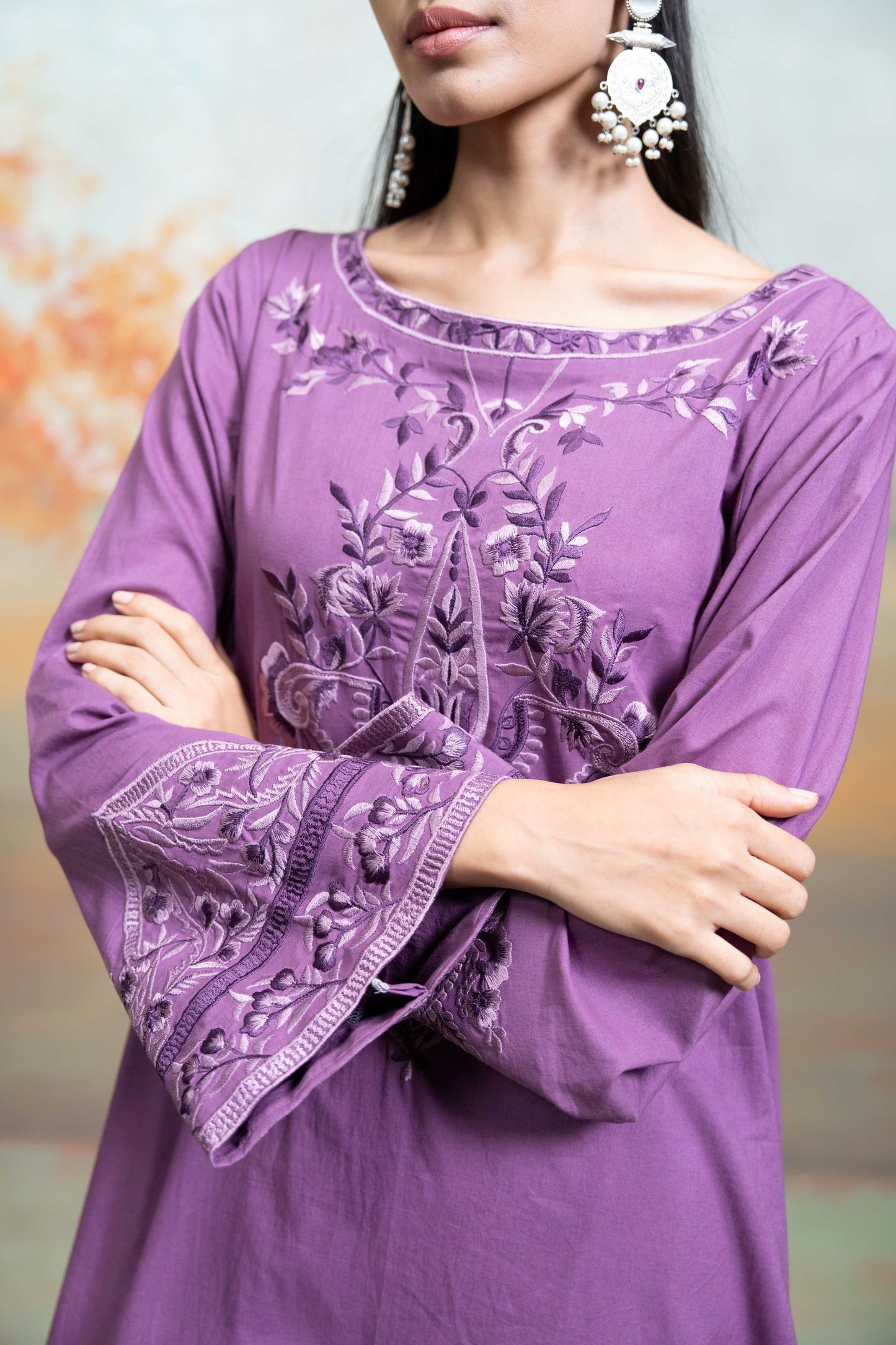 Purple Embroidery Cotton Silk Kurta  2Pc