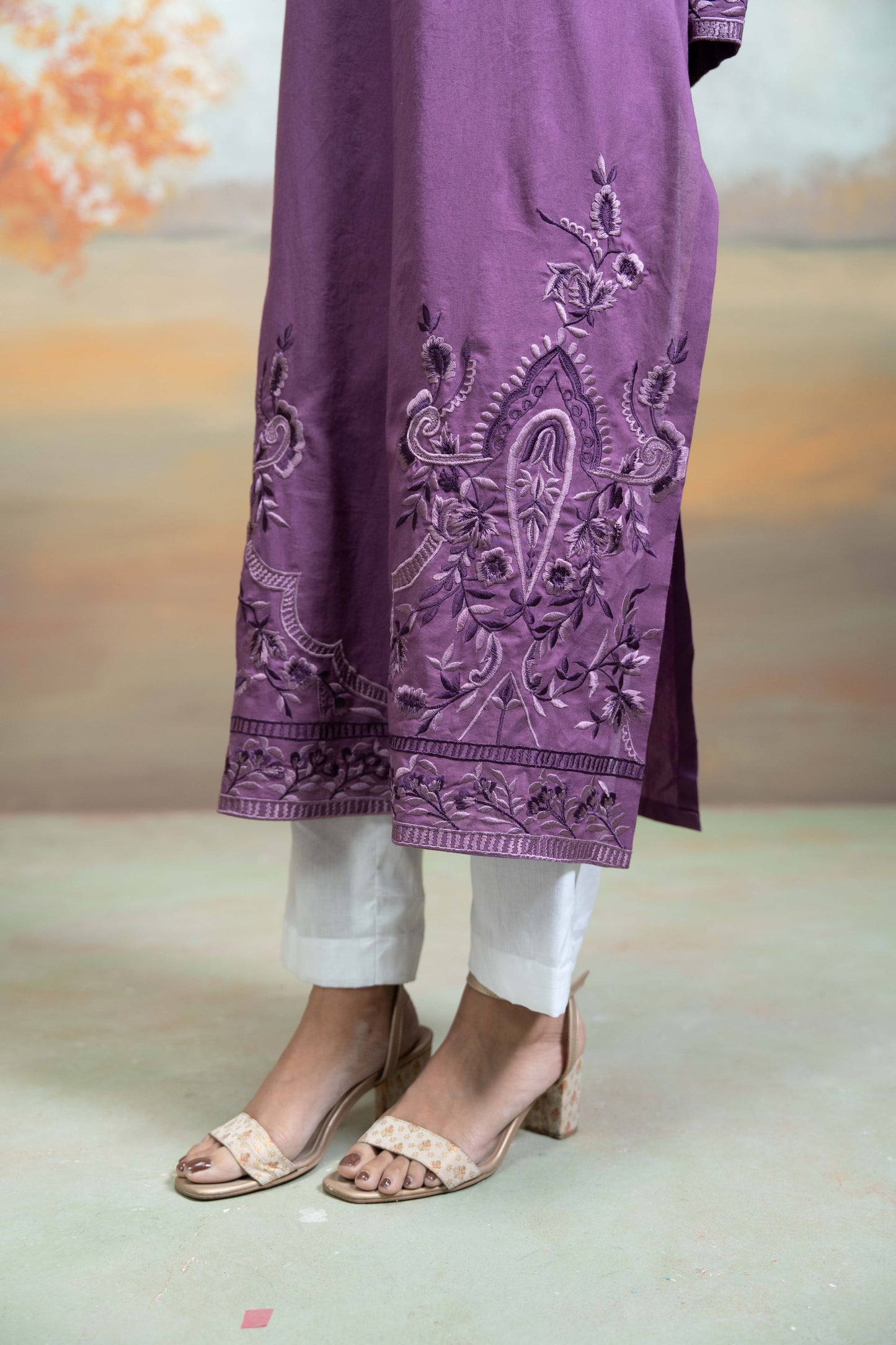 Purple Embroidery Cotton Silk Kurta  2Pc