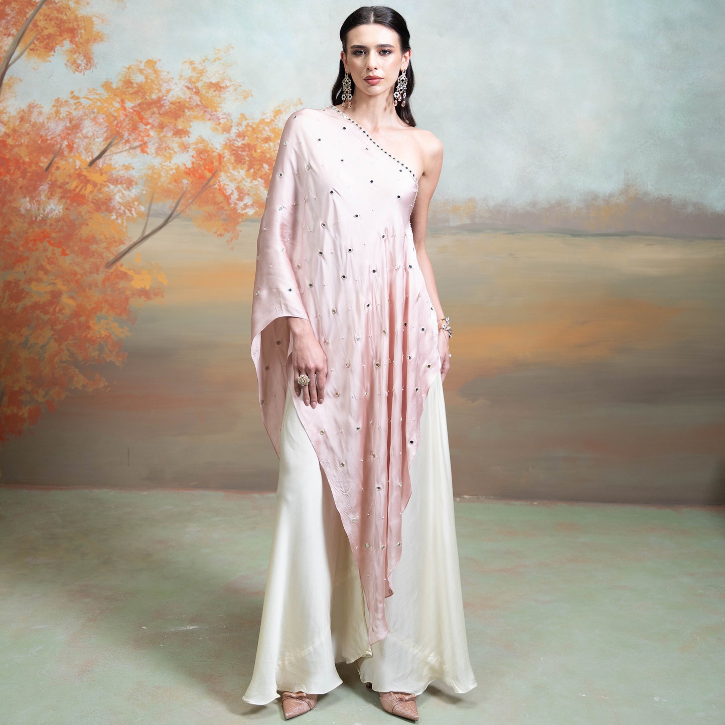 Light Pink Mirror Zari Pearl Work Georgette Top Set 2 Pcs