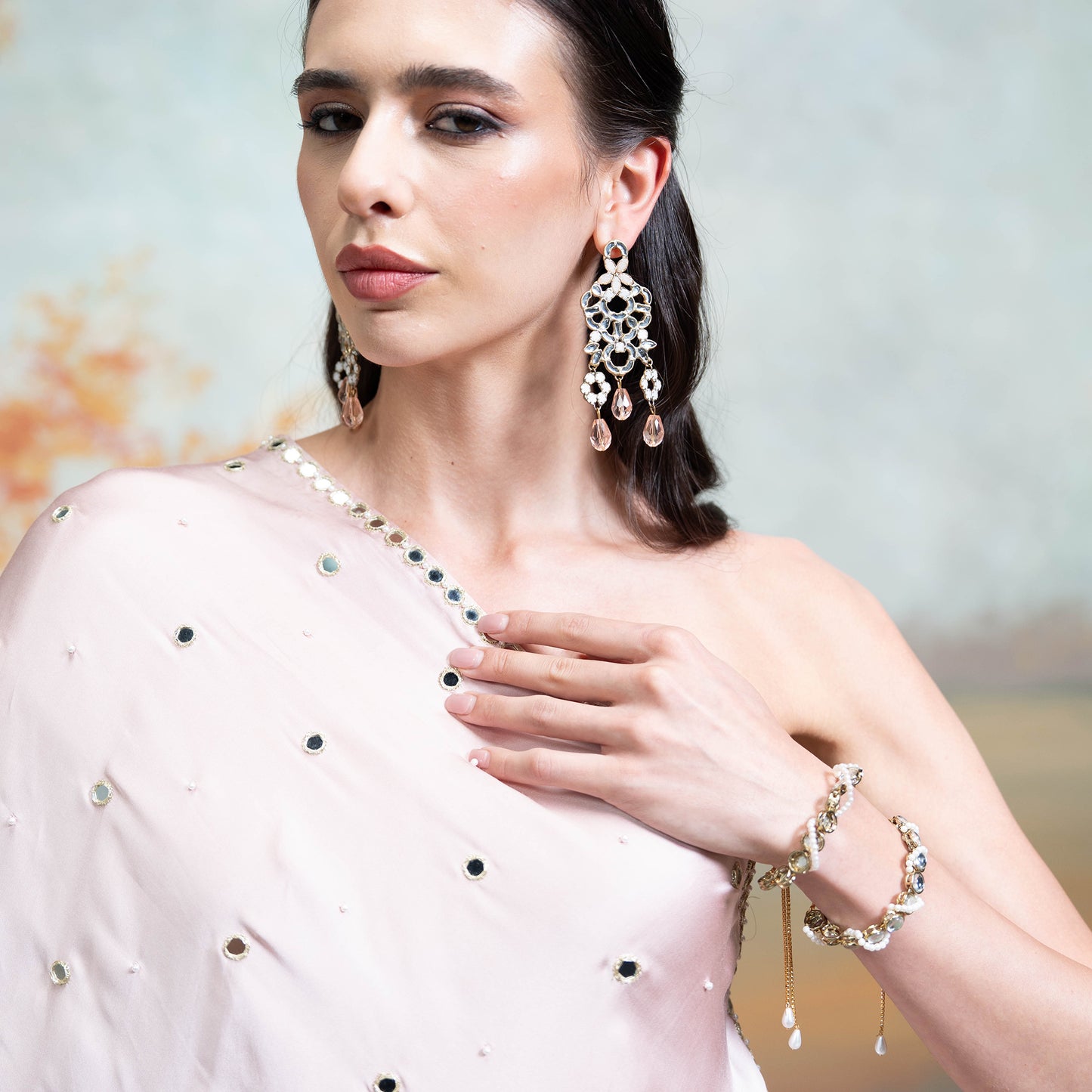 Light Pink Mirror Zari Pearl Work Georgette Top Set 2 Pcs
