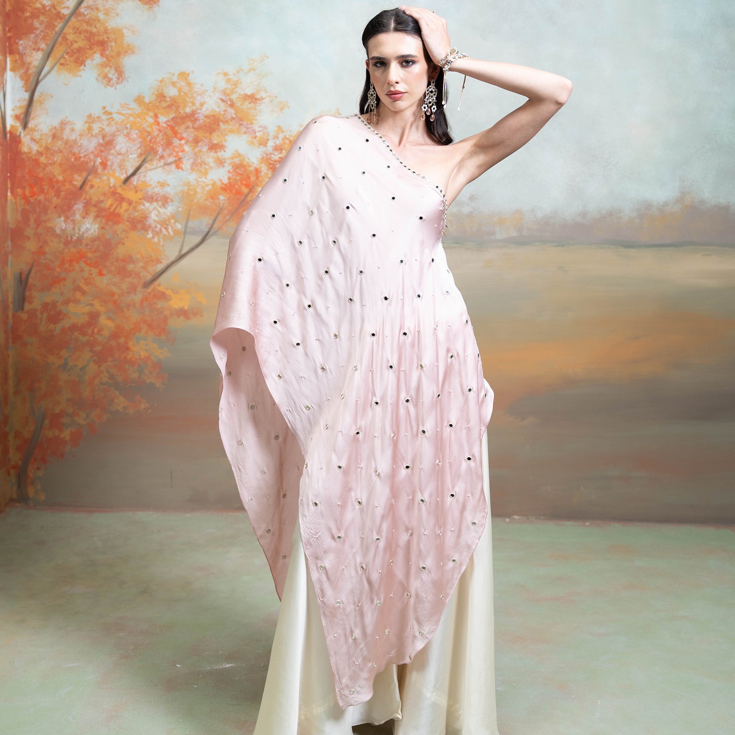 Light Pink Mirror Zari Pearl Work Georgette Top Set 2 Pcs