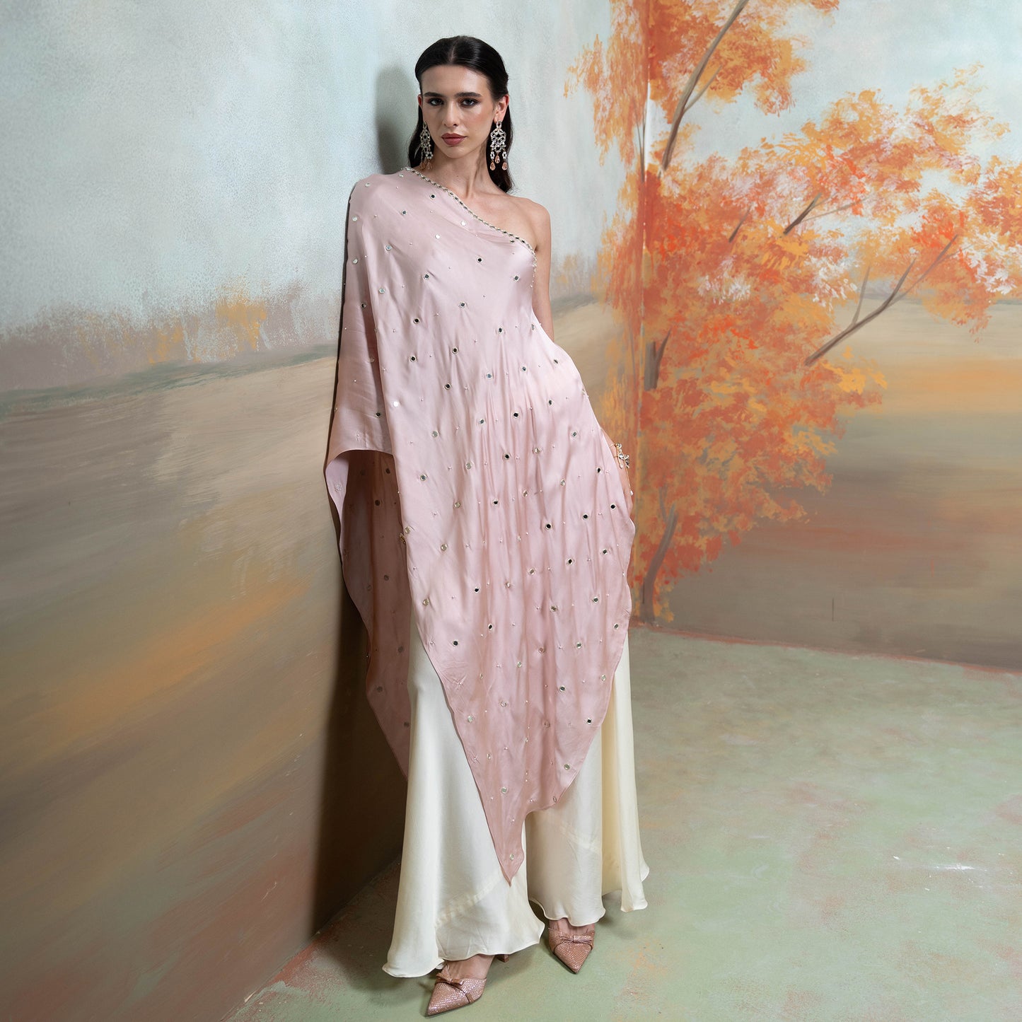 Light Pink Mirror Zari Pearl Work Georgette Top Set 2 Pcs