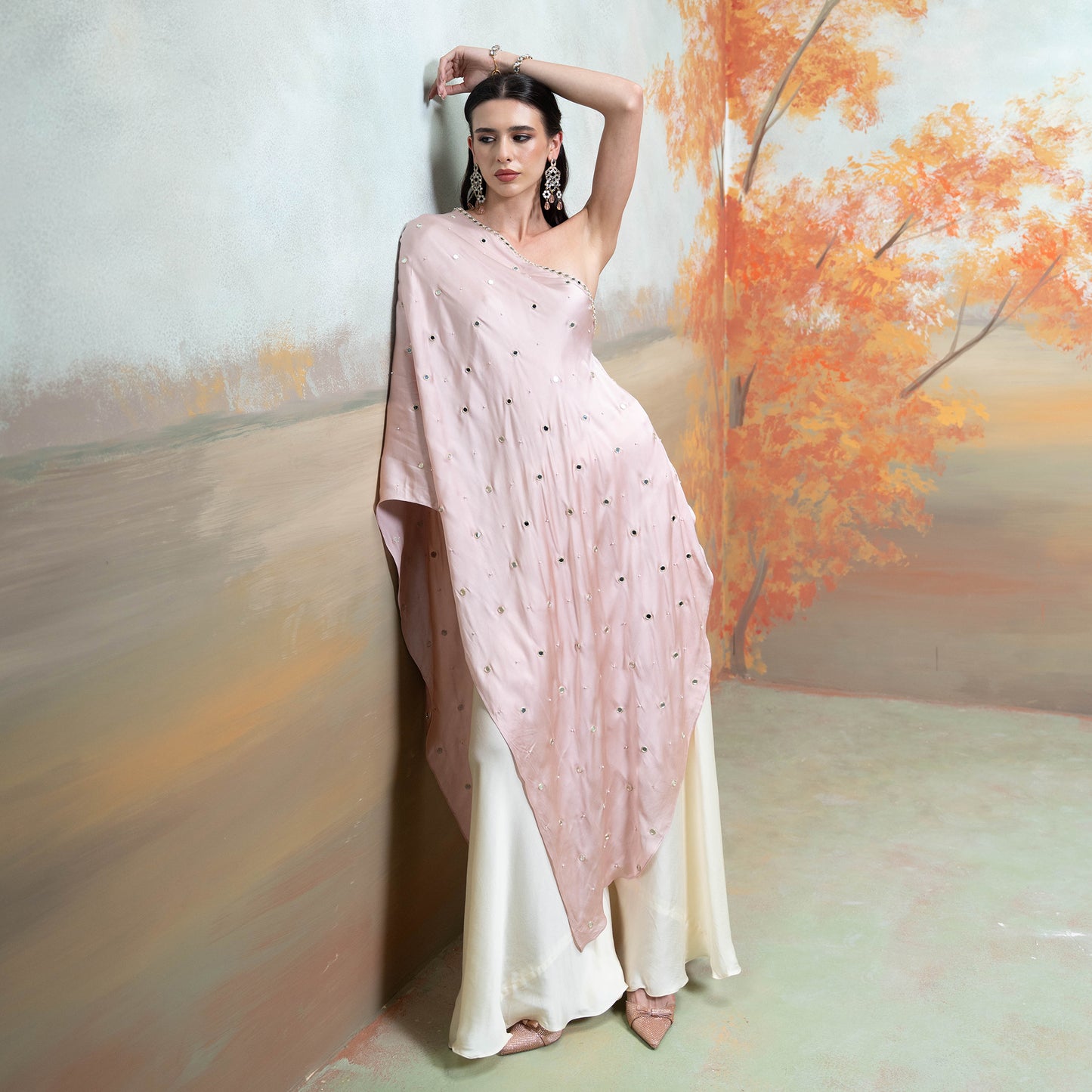 Light Pink Mirror Zari Pearl Work Georgette Top Set 2 Pcs