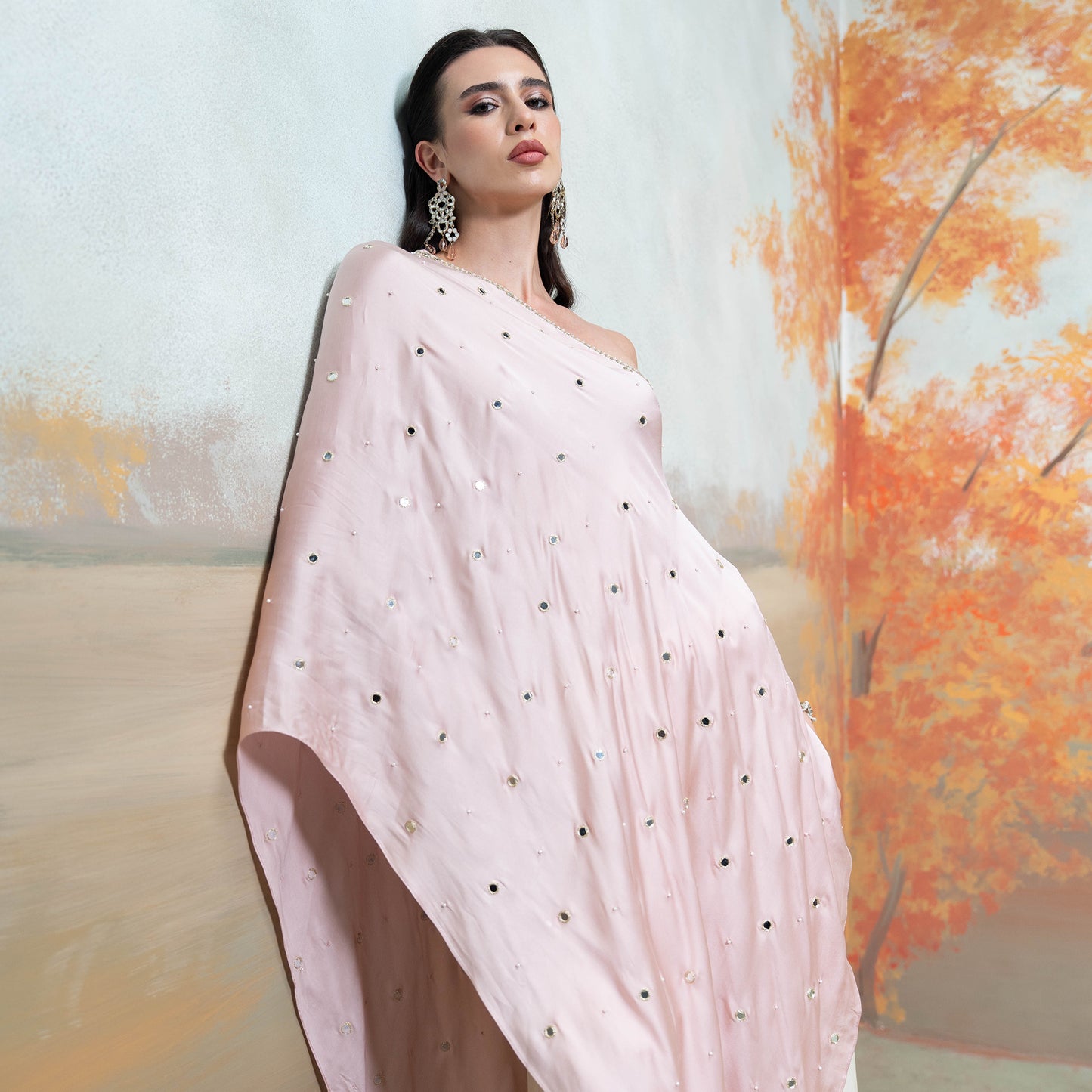 Light Pink Mirror Zari Pearl Work Georgette Top Set 2 Pcs
