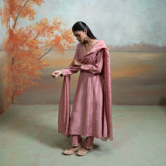 Dull Rose Pink Zardozi Resham Work Silk Anarkali Set 3 Pcs