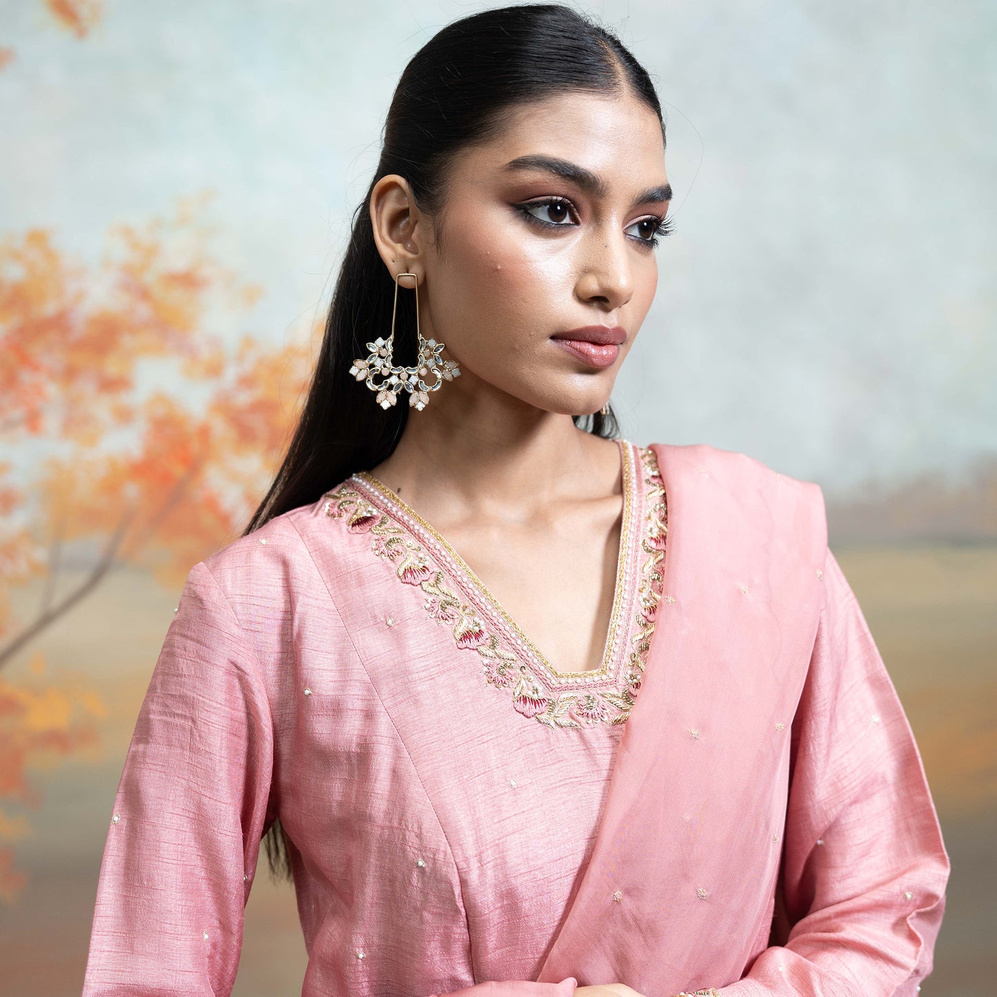 Dull Rose Pink Zardozi Resham Work Silk Anarkali Set 3 Pcs