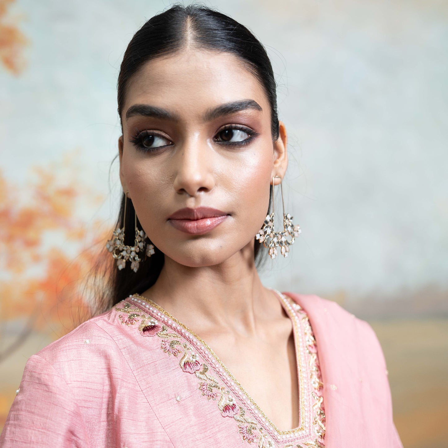 Dull Rose Pink Zardozi Resham Work Silk Anarkali Set 3 Pcs