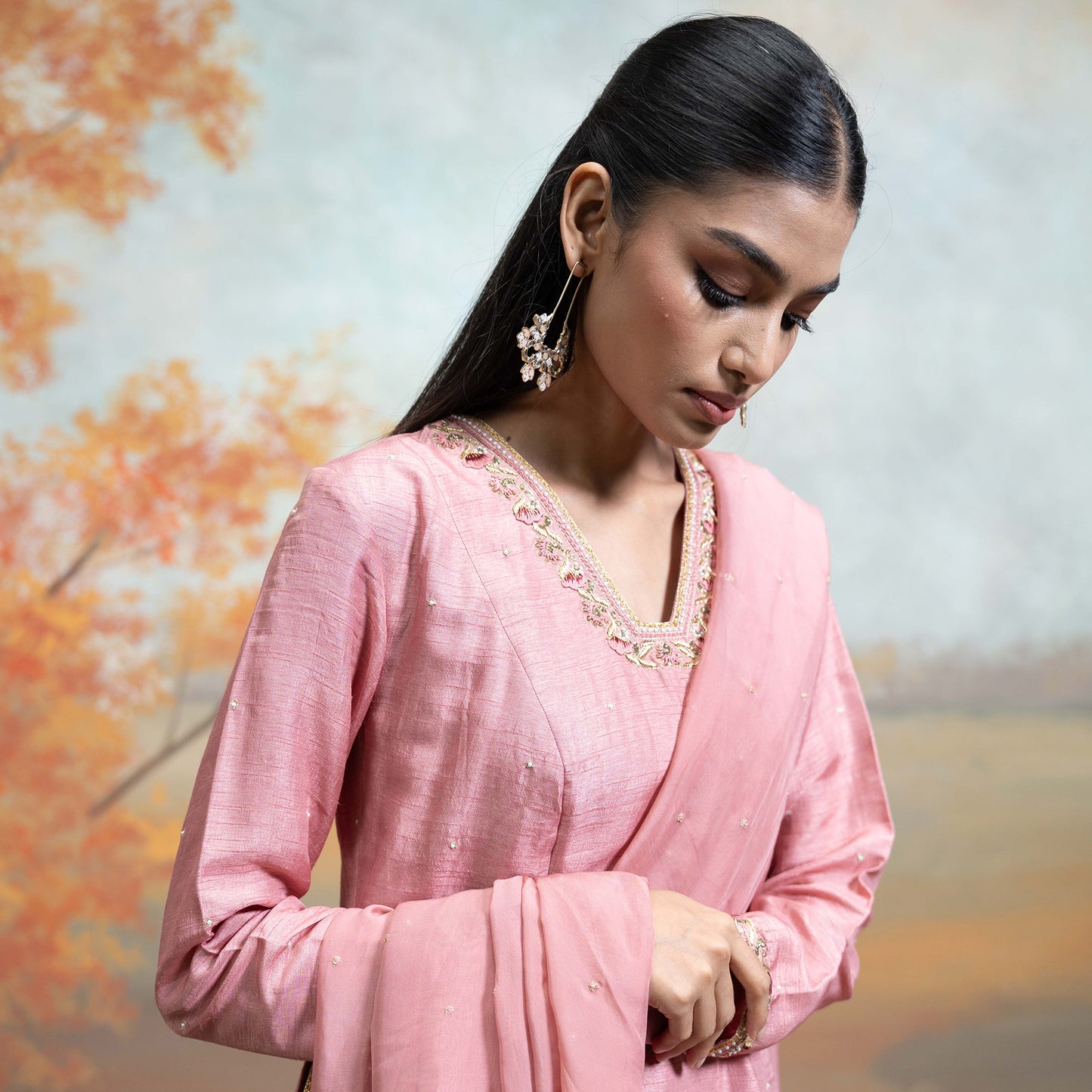 Dull Rose Pink Zardozi Resham Work Silk Anarkali Set 3 Pcs