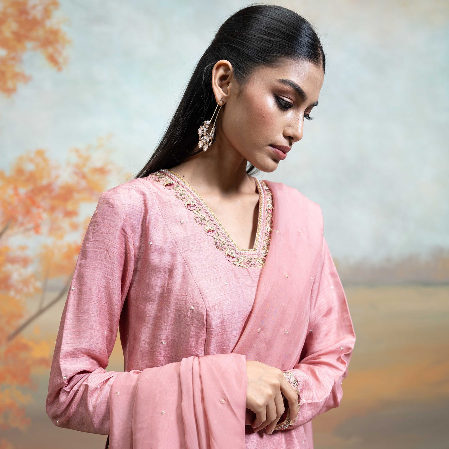 Dull Rose Pink Zardozi Resham Work Silk Anarkali Set 3 Pcs