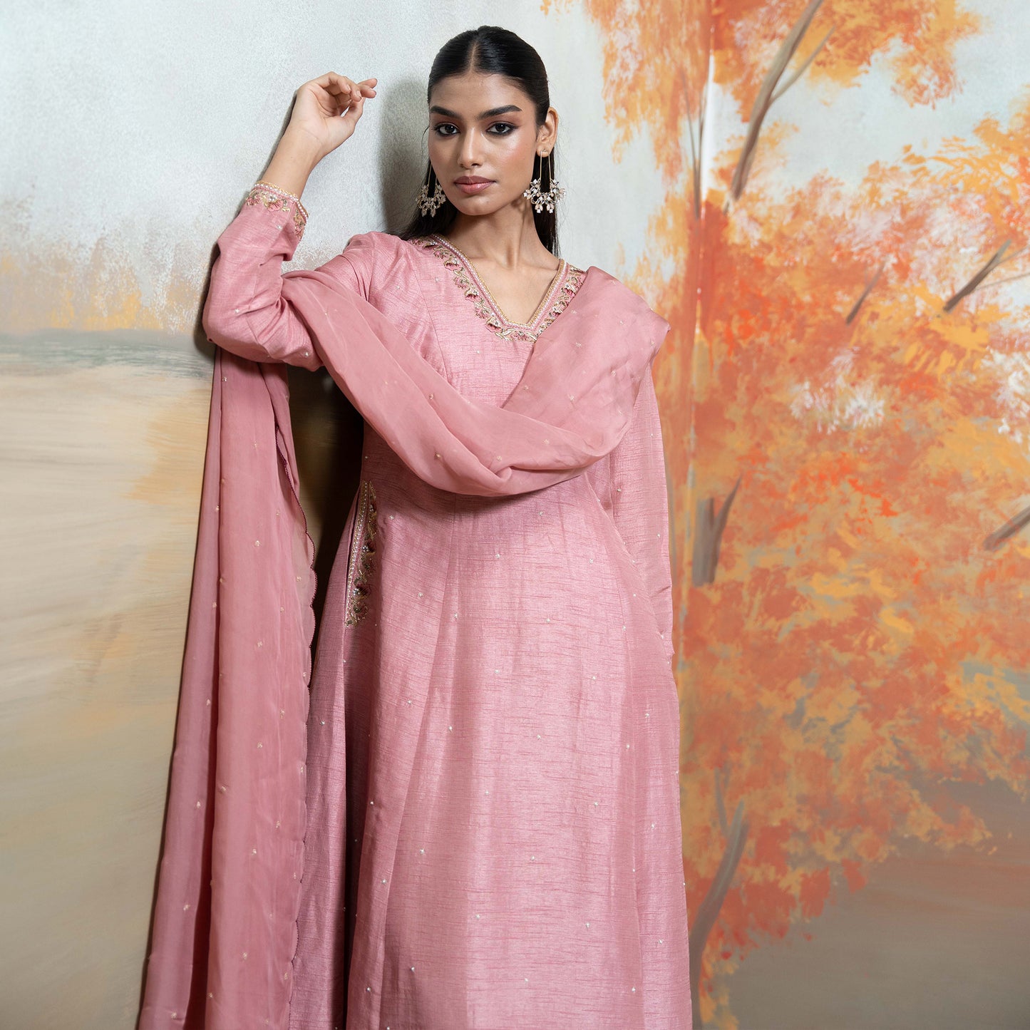 Dull Rose Pink Zardozi Resham Work Silk Anarkali Set 3 Pcs