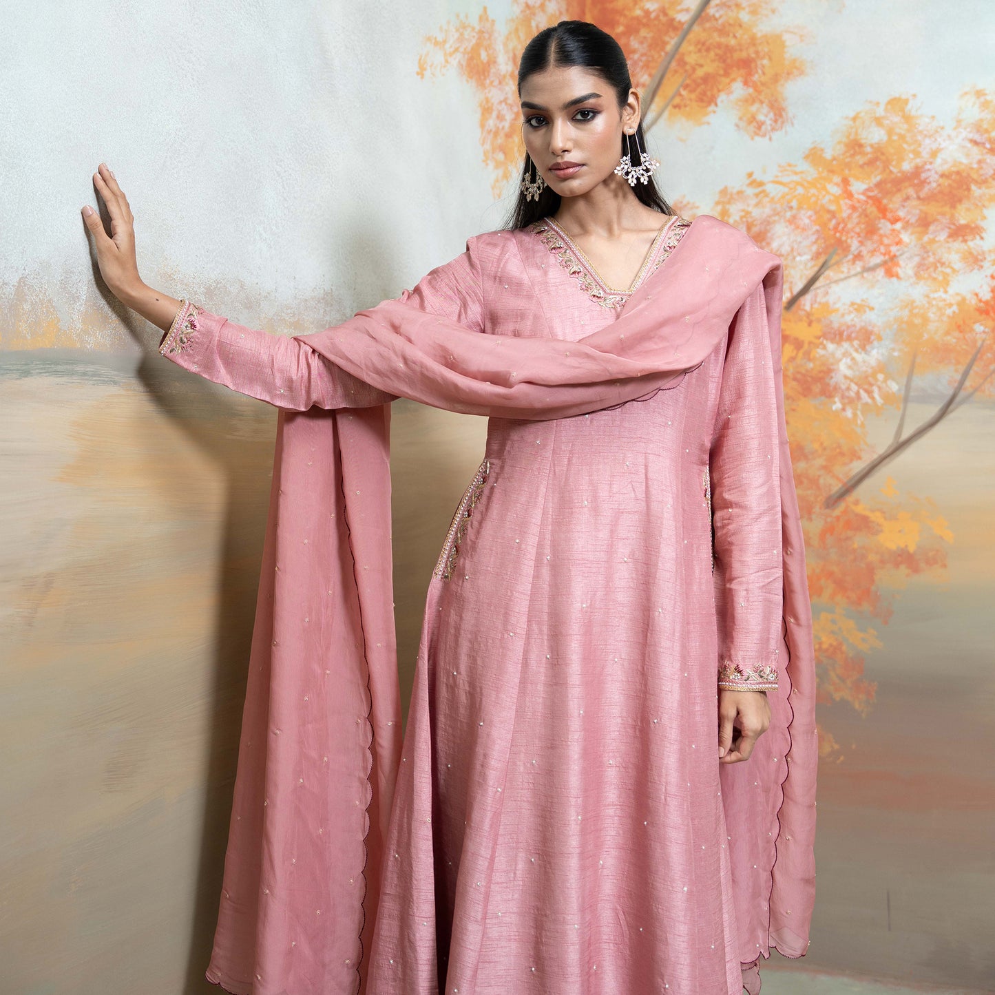Dull Rose Pink Zardozi Resham Work Silk Anarkali Set 3 Pcs