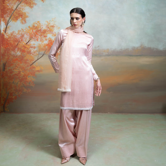 Light Pink Pearl Detailing Organza Kurta Set 3 Pcs