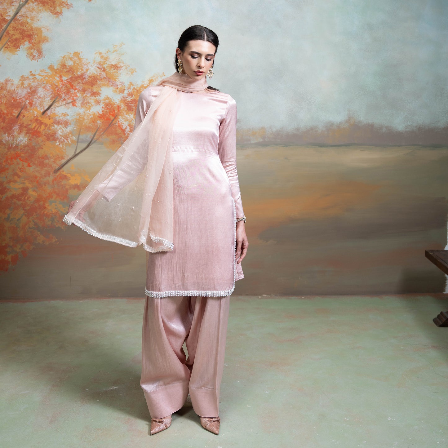 Light Pink Pearl Detailing Organza Kurta Set 3 Pcs