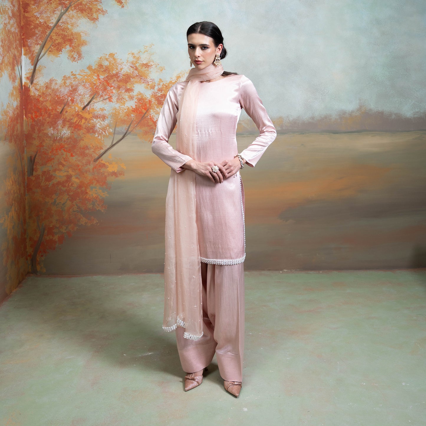 Light Pink Pearl Detailing Organza Kurta Set 3 Pcs