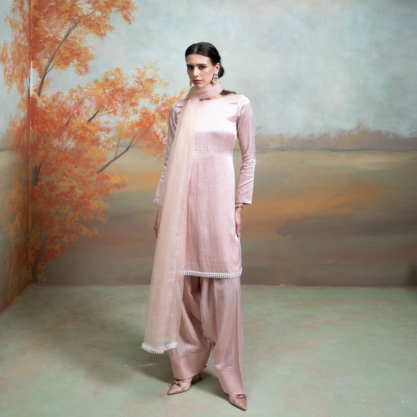 Light Pink Pearl Detailing Organza Kurta Set 3 Pcs