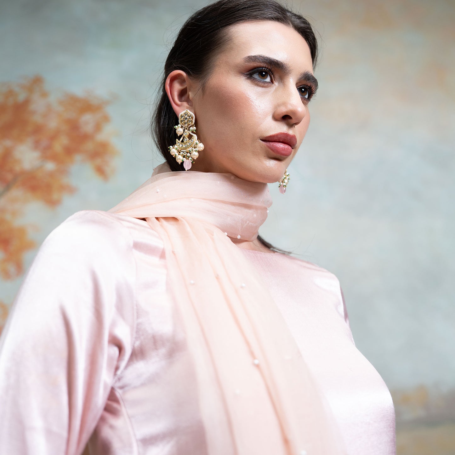 Light Pink Pearl Detailing Organza Kurta Set 3 Pcs