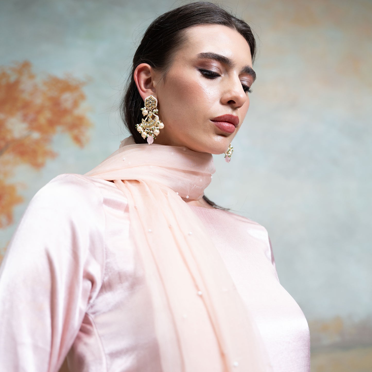 Light Pink Pearl Detailing Organza Kurta Set 3 Pcs