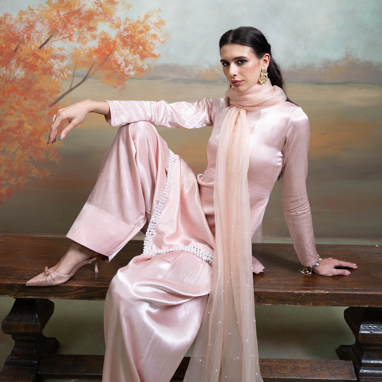Light Pink Pearl Detailing Organza Kurta Set 3 Pcs