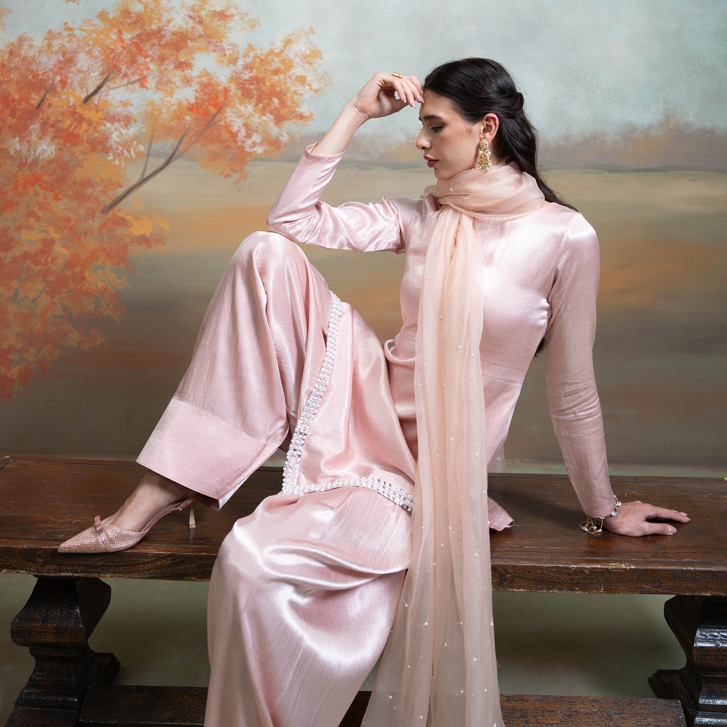 Light Pink Pearl Detailing Organza Kurta Set 3 Pcs