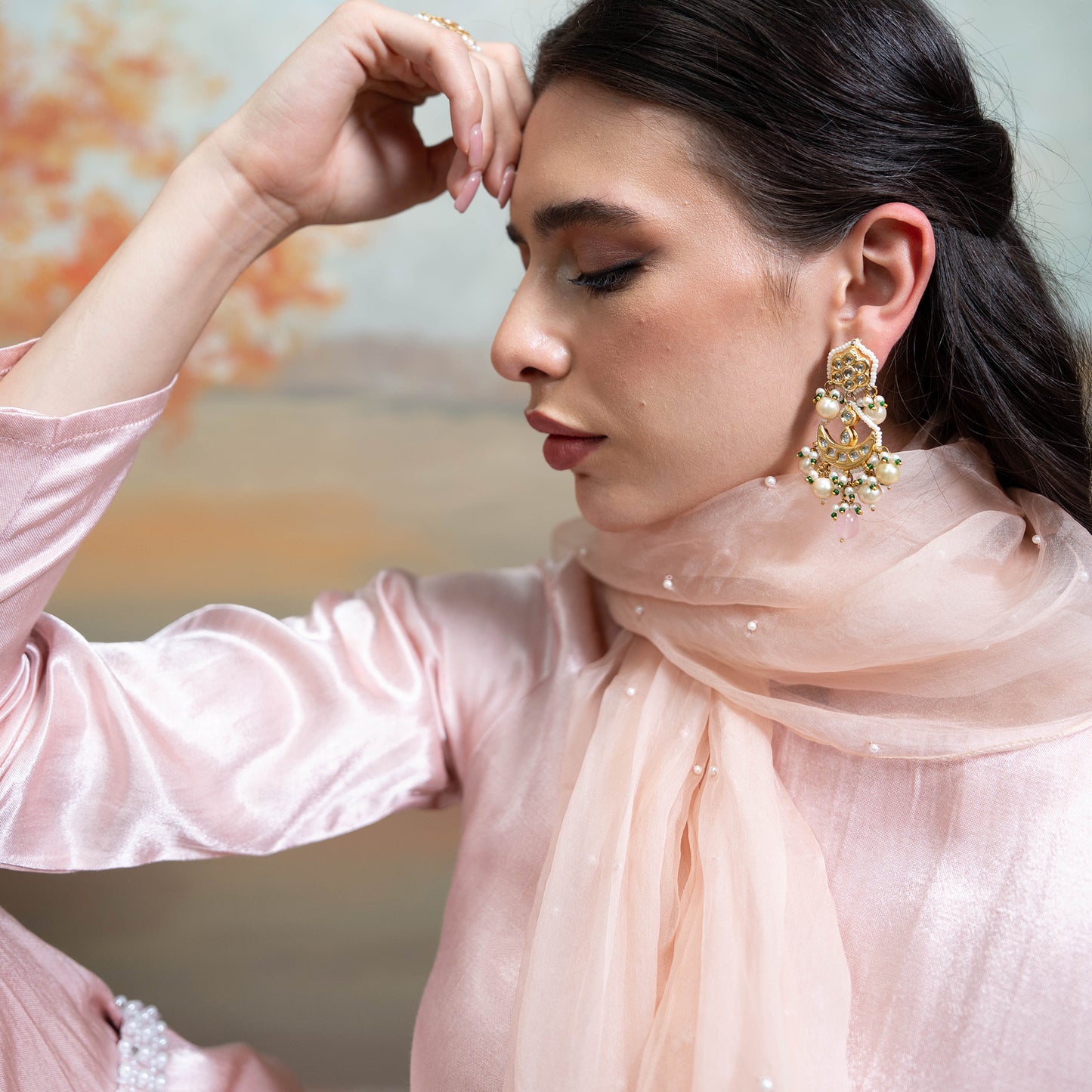 Light Pink Pearl Detailing Organza Kurta Set 3 Pcs