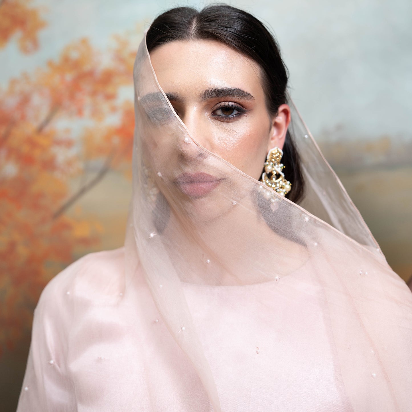 Light Pink Pearl Detailing Organza Kurta Set 3 Pcs