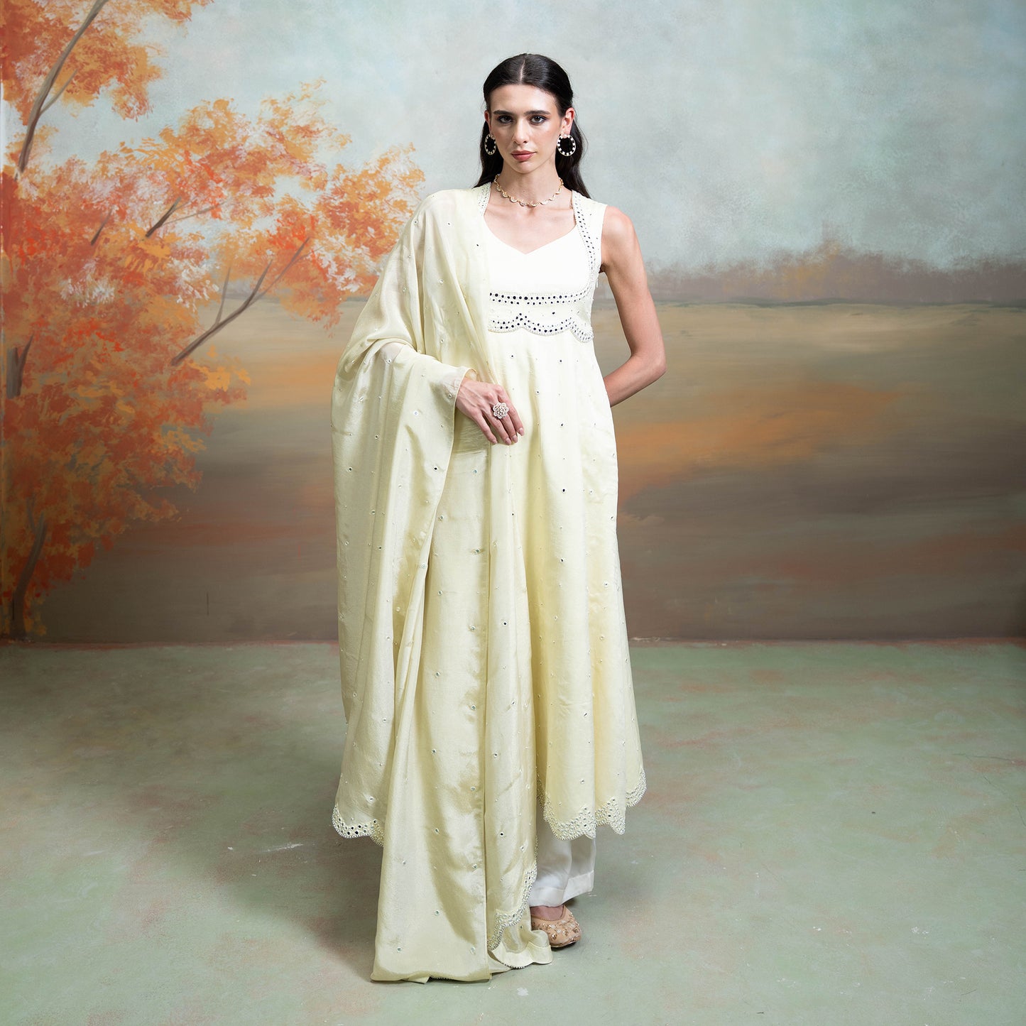 Butter Yellow Mirror Cutdana Pearl Work Raw Silk Anarkali Set 3 Pcs