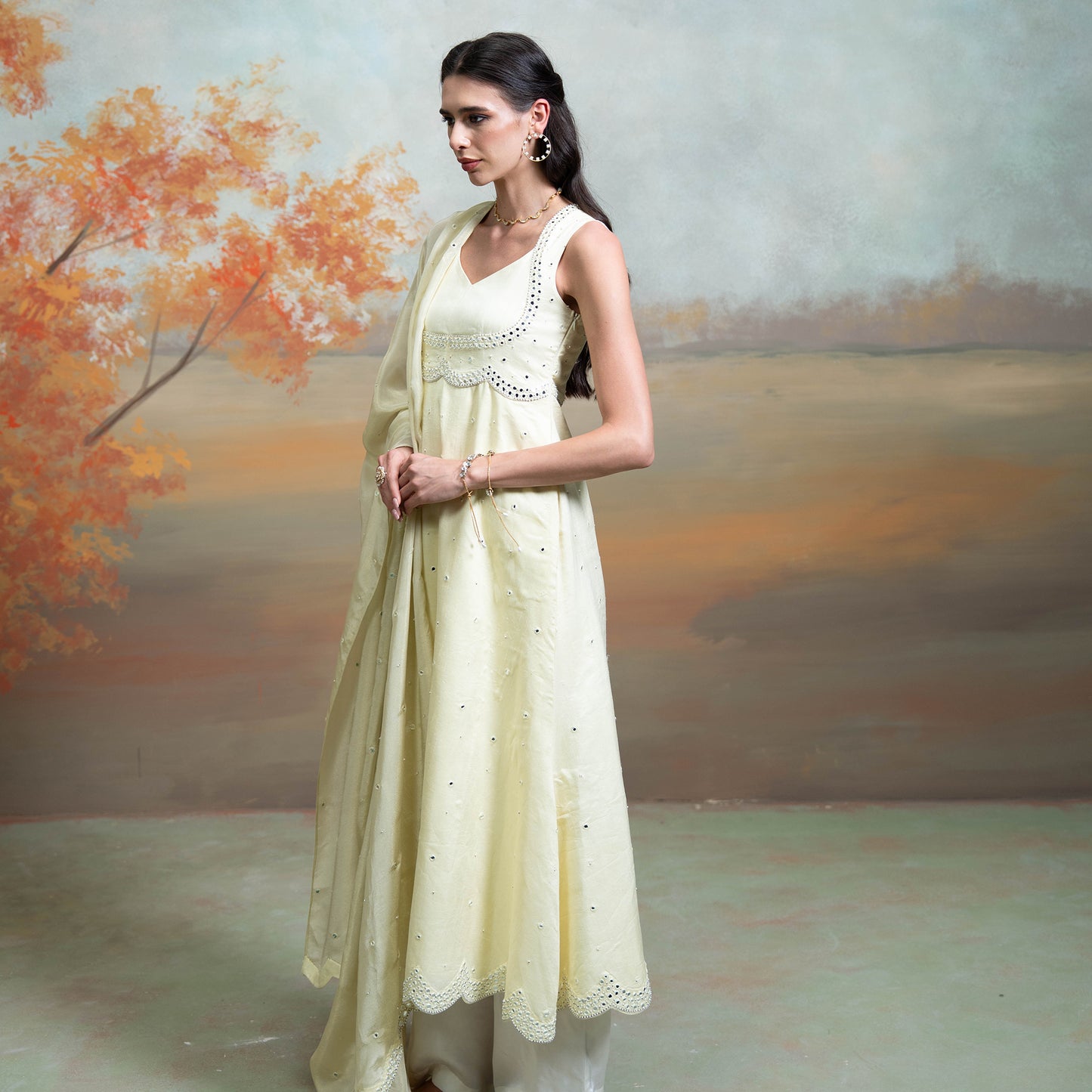 Butter Yellow Mirror Cutdana Pearl Work Raw Silk Anarkali Set 3 Pcs