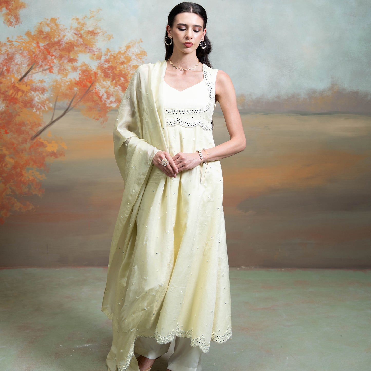 Butter Yellow Mirror Cutdana Pearl Work Raw Silk Anarkali Set 3 Pcs