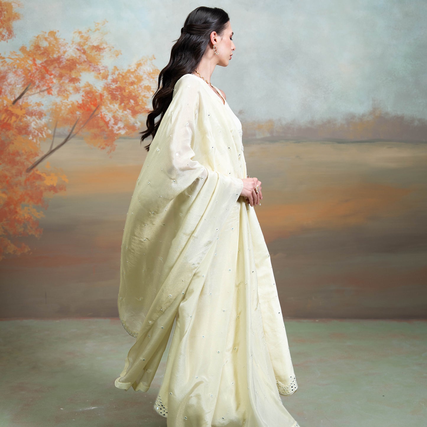 Butter Yellow Mirror Cutdana Pearl Work Raw Silk Anarkali Set 3 Pcs