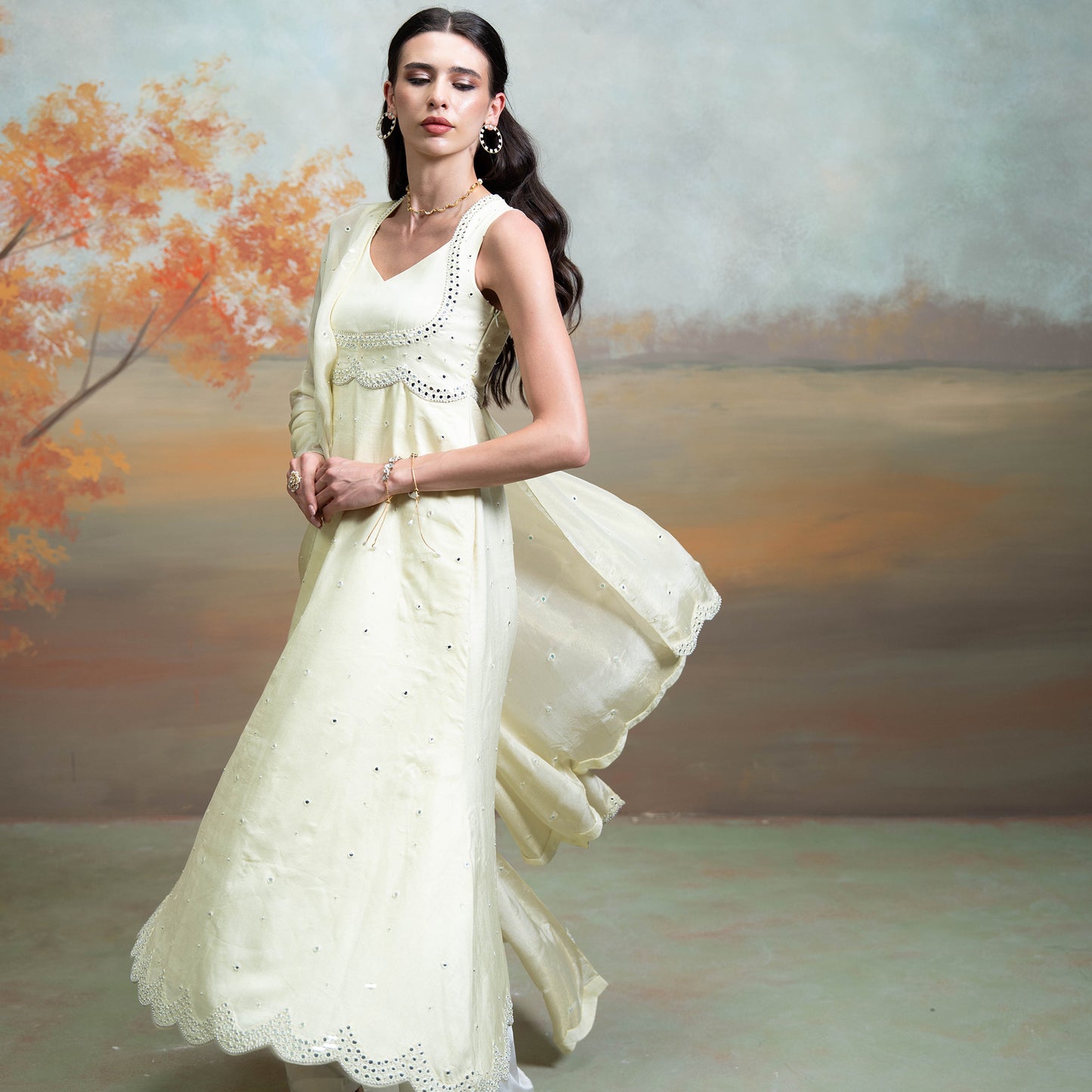 Butter Yellow Mirror Cutdana Pearl Work Raw Silk Anarkali Set 3 Pcs