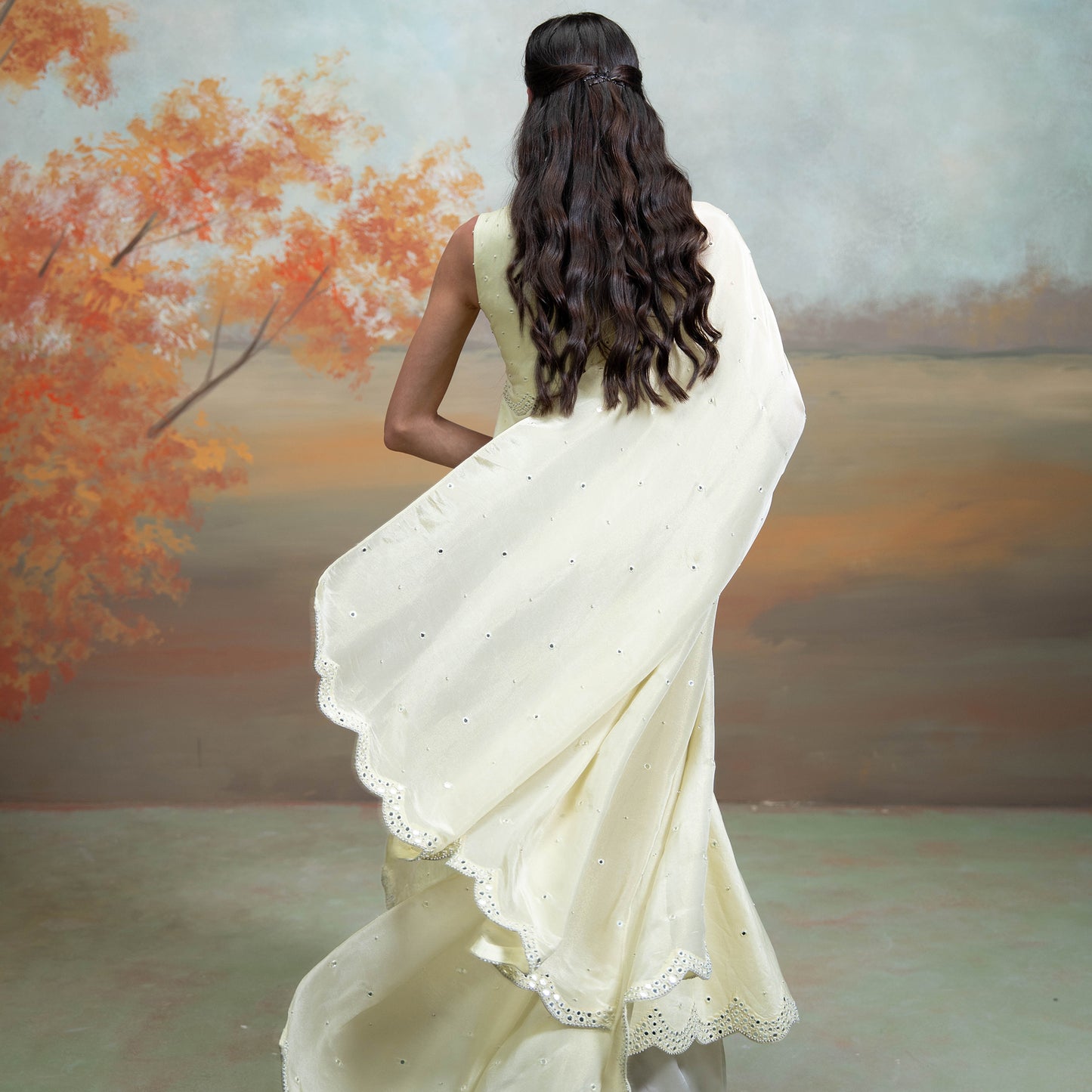 Butter Yellow Mirror Cutdana Pearl Work Raw Silk Anarkali Set 3 Pcs