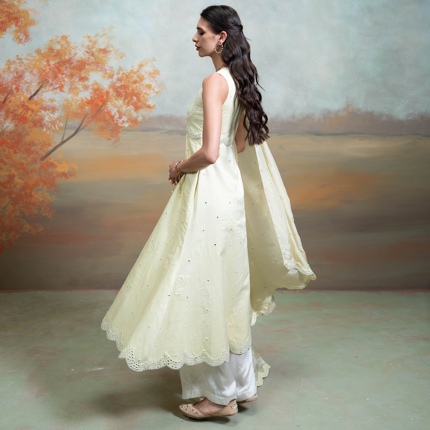 Butter Yellow Mirror Cutdana Pearl Work Raw Silk Anarkali Set 3 Pcs