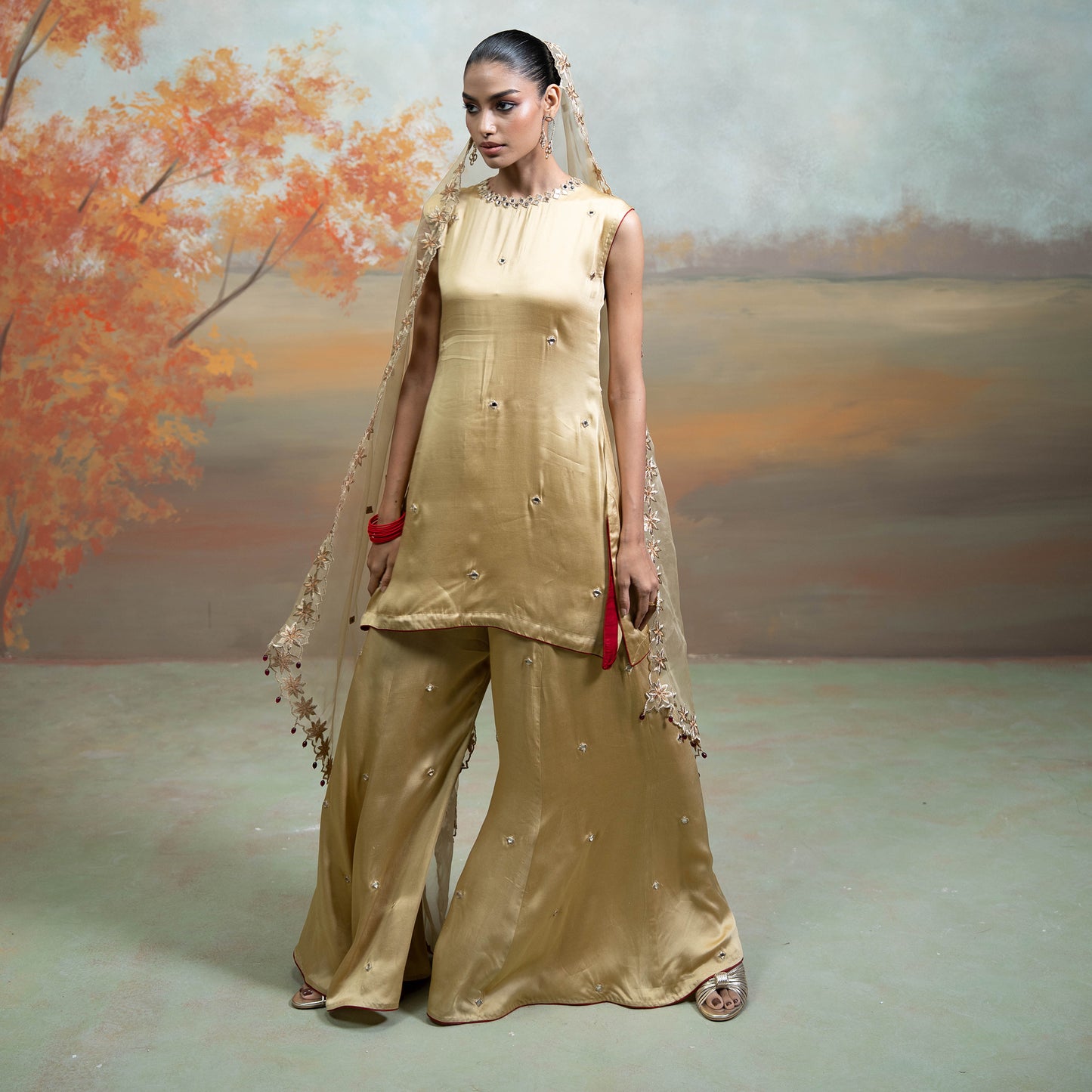 Golden Mirror Zari Work Organza Kurta Set 3 Pcs