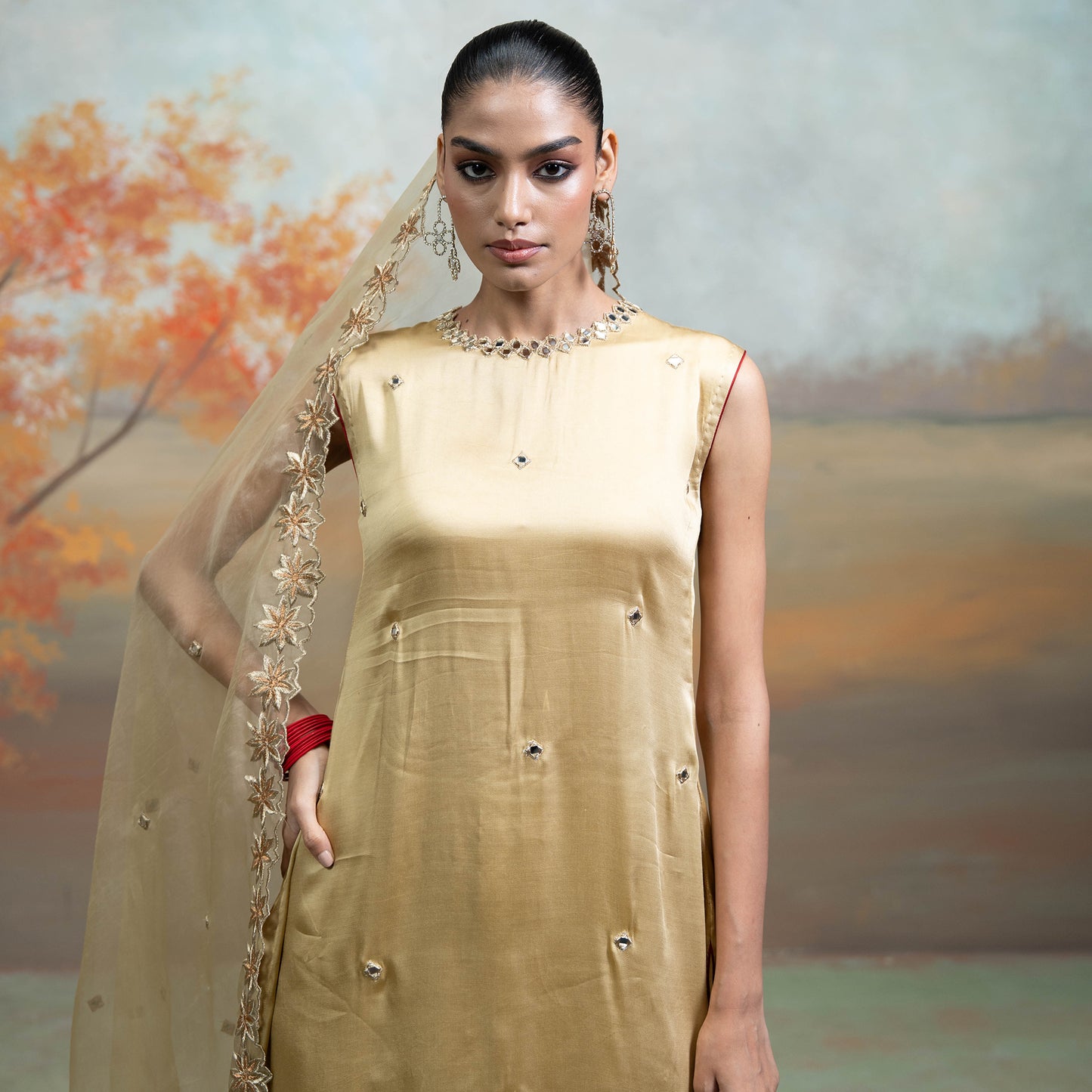 Golden Mirror Zari Work Organza Kurta Set 3 Pcs