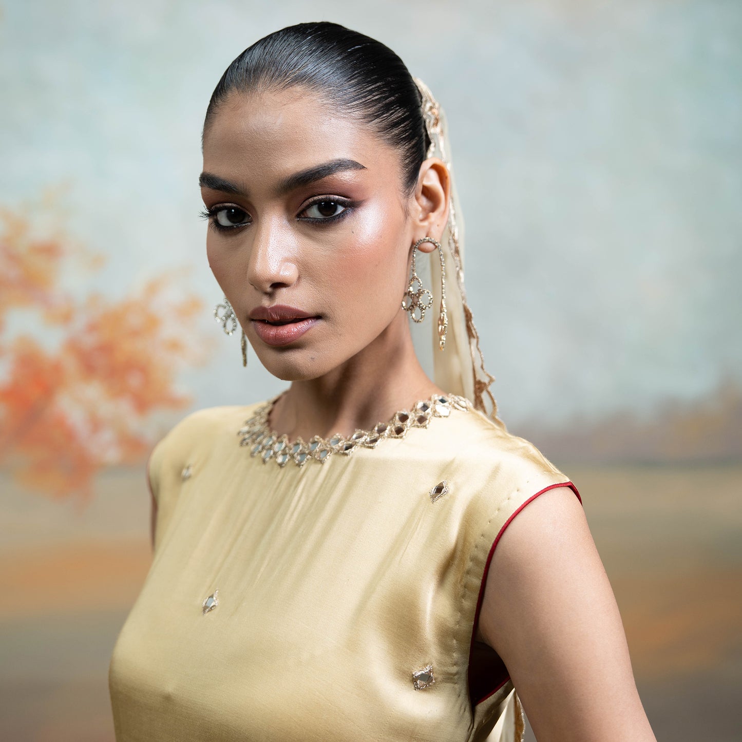 Golden Mirror Zari Work Organza Kurta Set 3 Pcs