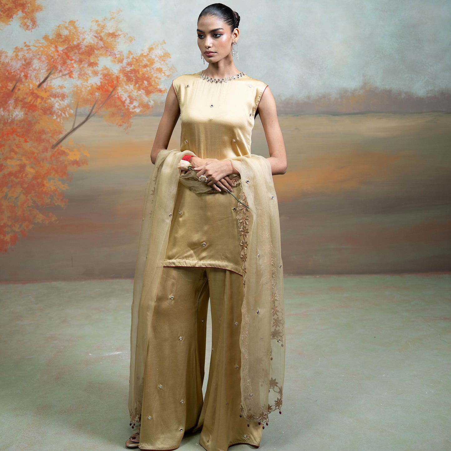 Golden Mirror Zari Work Organza Kurta Set 3 Pcs