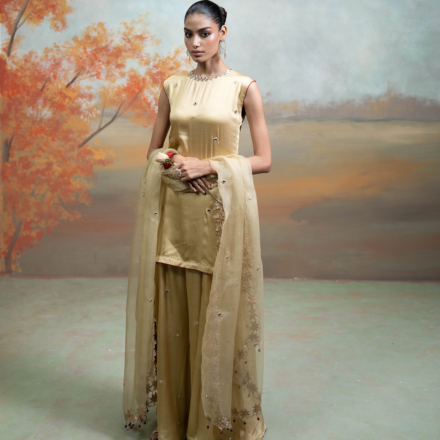 Golden Mirror Zari Work Organza Kurta Set 3 Pcs