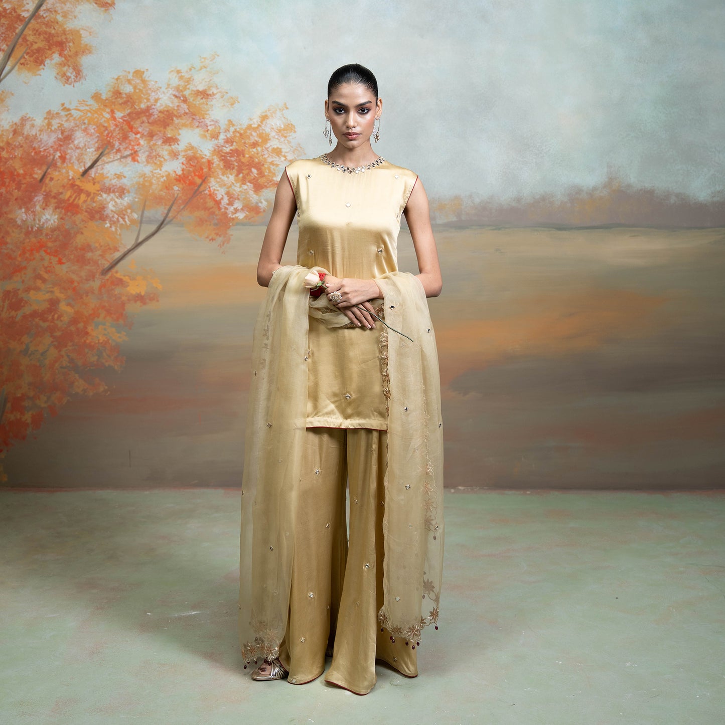 Golden Mirror Zari Work Organza Kurta Set 3 Pcs