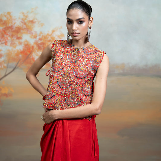 Red Zari Cutdana Pearl Work Silk Blend Drape Skirt Set  2 Pcs