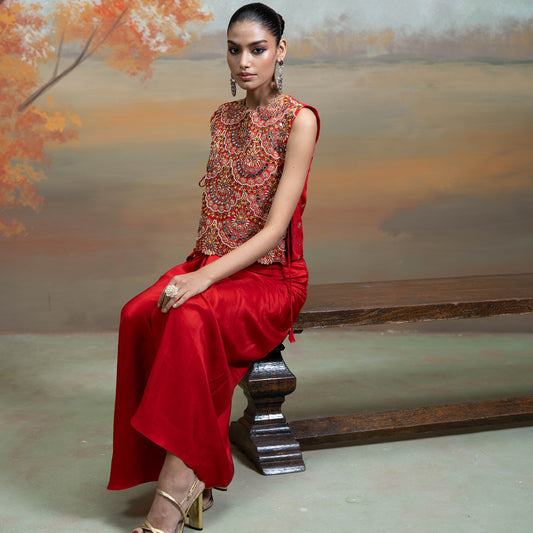 Red Zari Cutdana Pearl Work Silk Blend Drape Skirt Set  2 Pcs