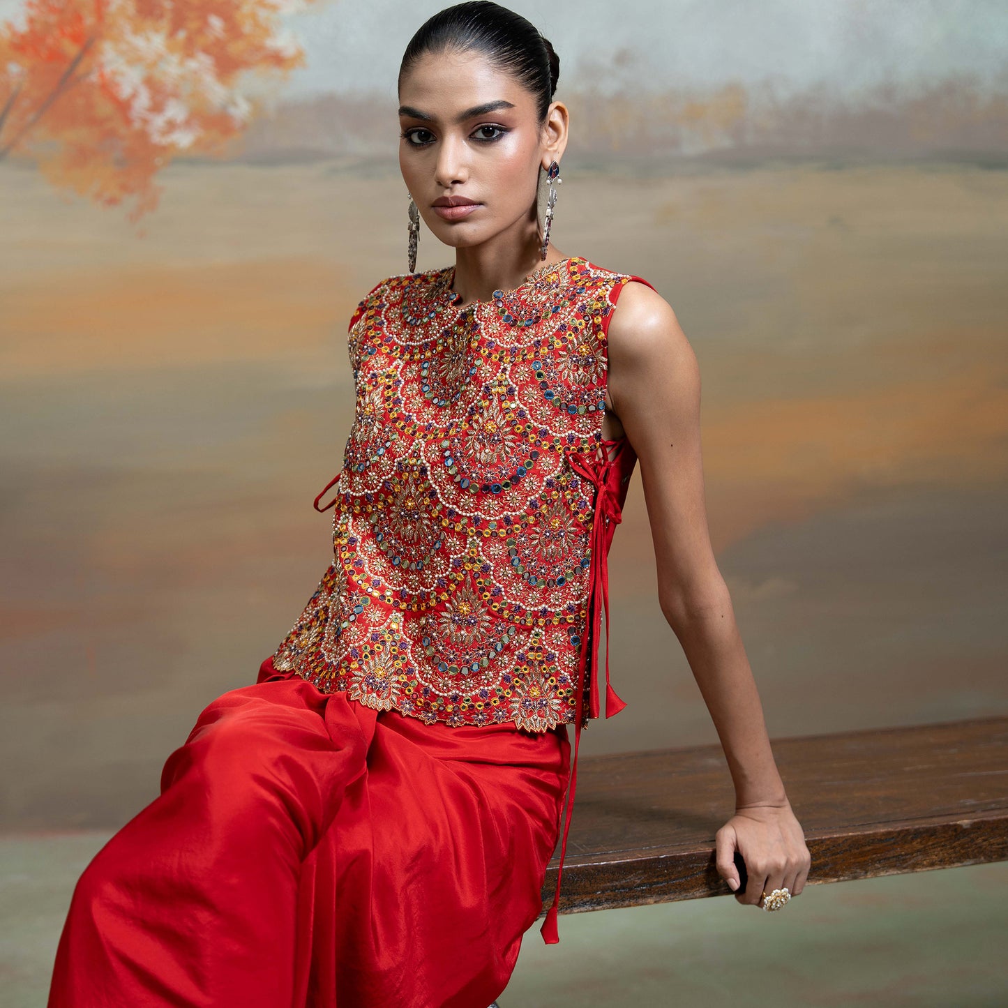 Red Zari Cutdana Pearl Work Silk Blend Drape Skirt Set  2 Pcs