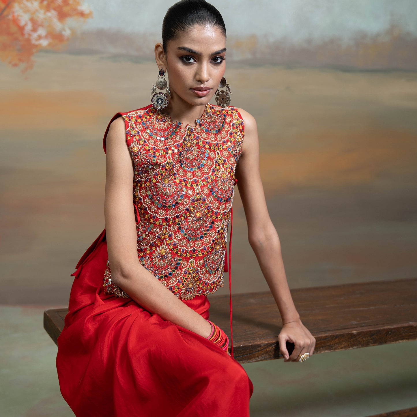 Red Zari Cutdana Pearl Work Silk Blend Drape Skirt Set  2 Pcs