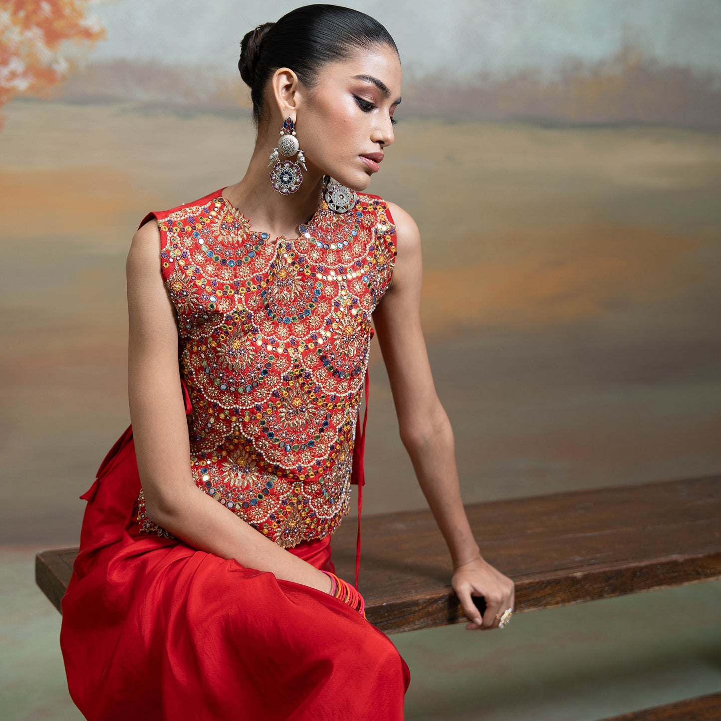 Red Zari Cutdana Pearl Work Silk Blend Drape Skirt Set  2 Pcs