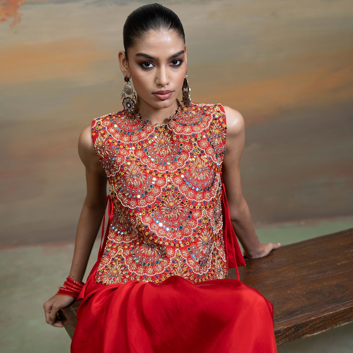 Red Zari Cutdana Pearl Work Silk Blend Drape Skirt Set  2 Pcs